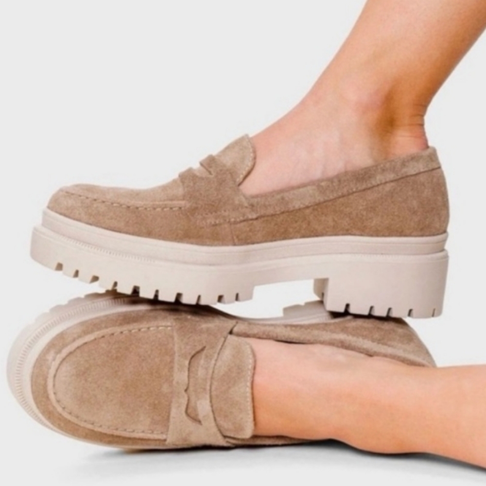 Portand Leather Patina Zoe Suede Lug Platform Slip On Penny Loafer In Tan Size 8